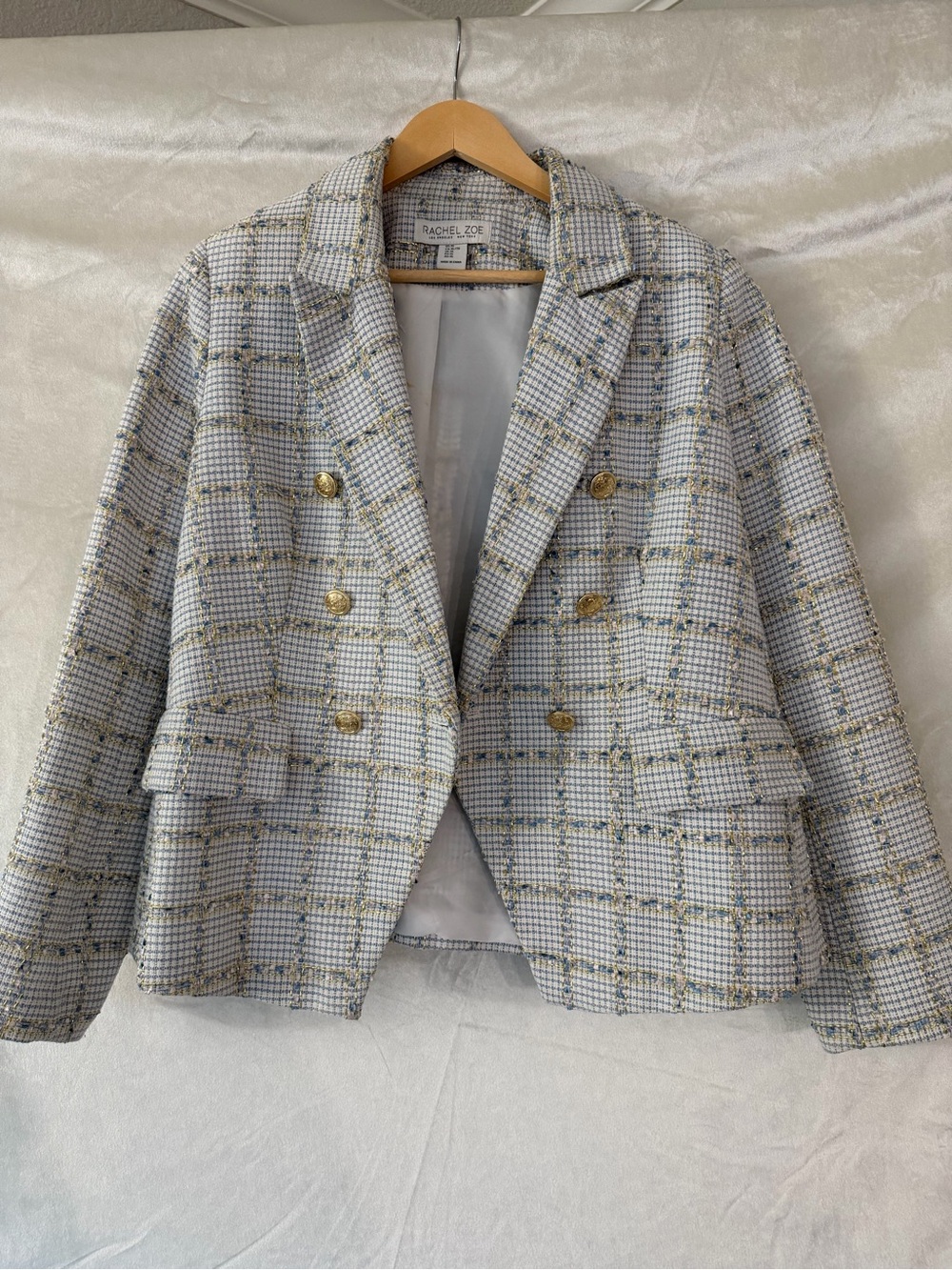 Rachel Zoe Light Cream and Blue Plaid Tweed Double-Breasted Blazer